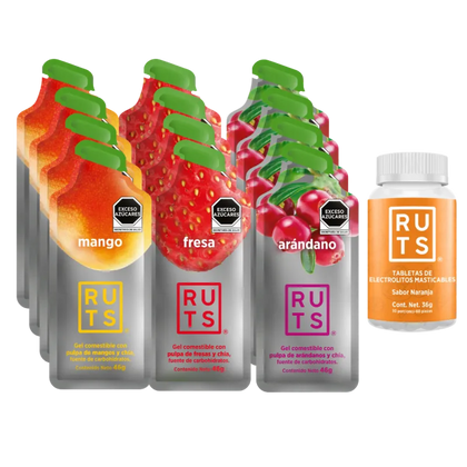 Gel RUTS ENERGY Running Pack 12 Surtido + 60 Electrolitos Masticables de Naranja